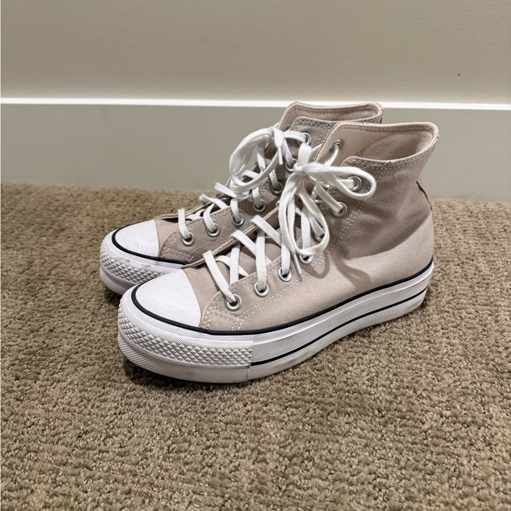 Converse Women’s High Top Platform Sneakers in Light Tan and White